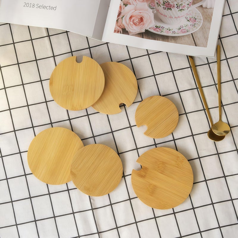 VANTOBEST 4Pcs Natural Bamboo Mug Lids with Spoon Hole Regular Mouth Mug Cover Heat Resistant Decorative Bamboo Lids Compatible Cup Lid for Drink Cup Coffee Mug Jar (Outer Diameter 3.35inch) - Image 4